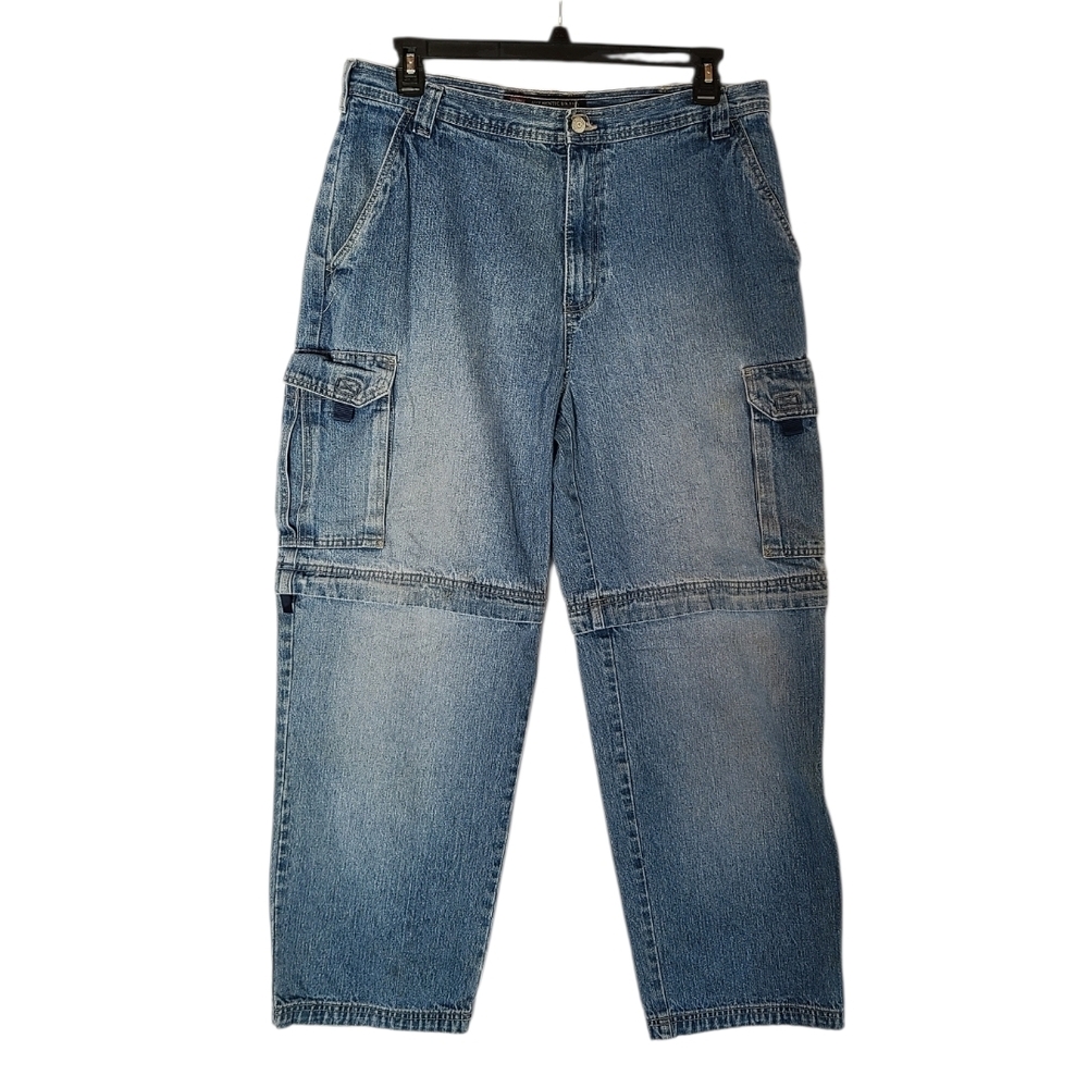 Vintage Faded Glory Y2K Zip-Off Cargo Pants Shorts Denim Blue Men’s 36X32